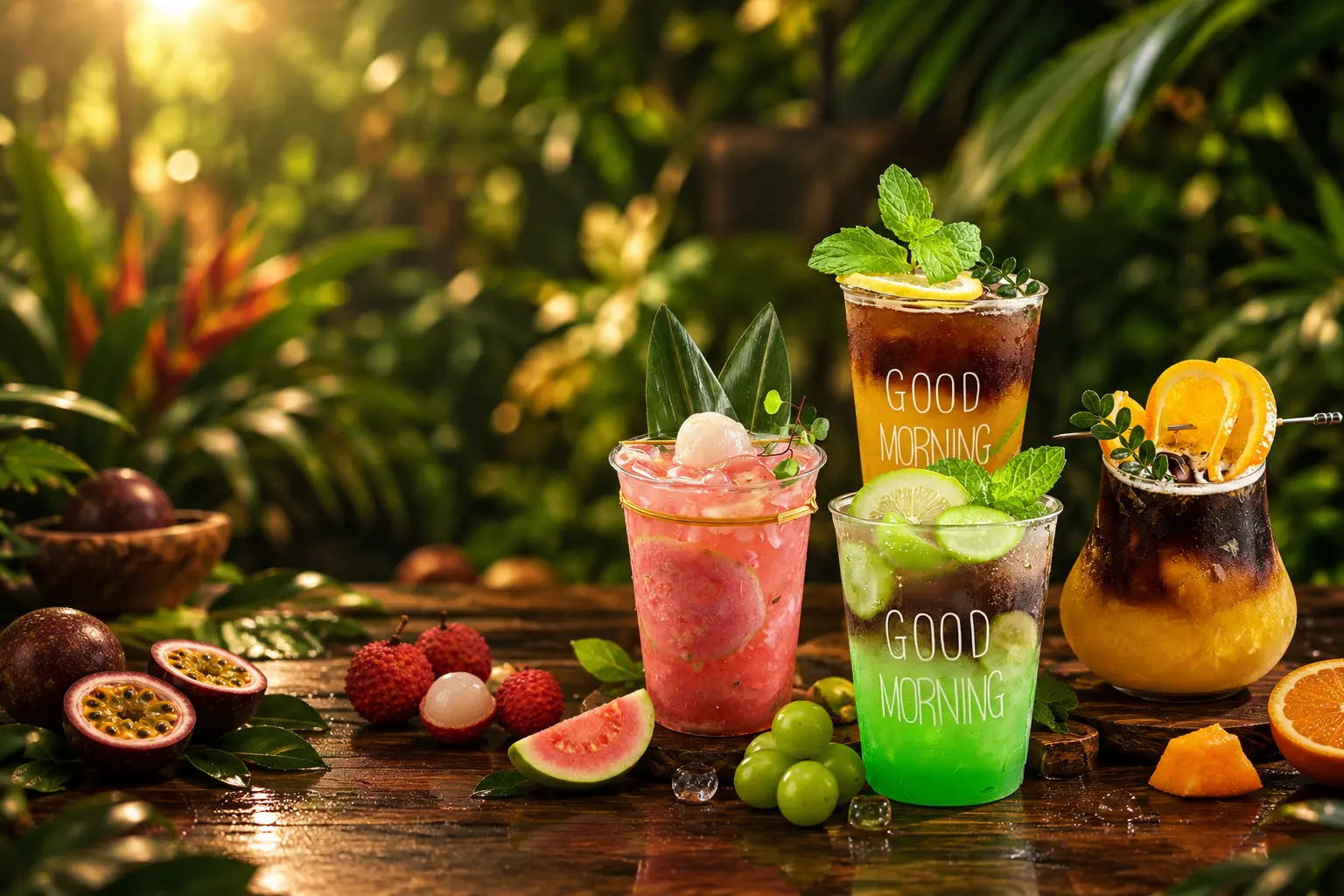 Four finished drinks made with the White Sugar Fruit Puree Series — serving suggestions.